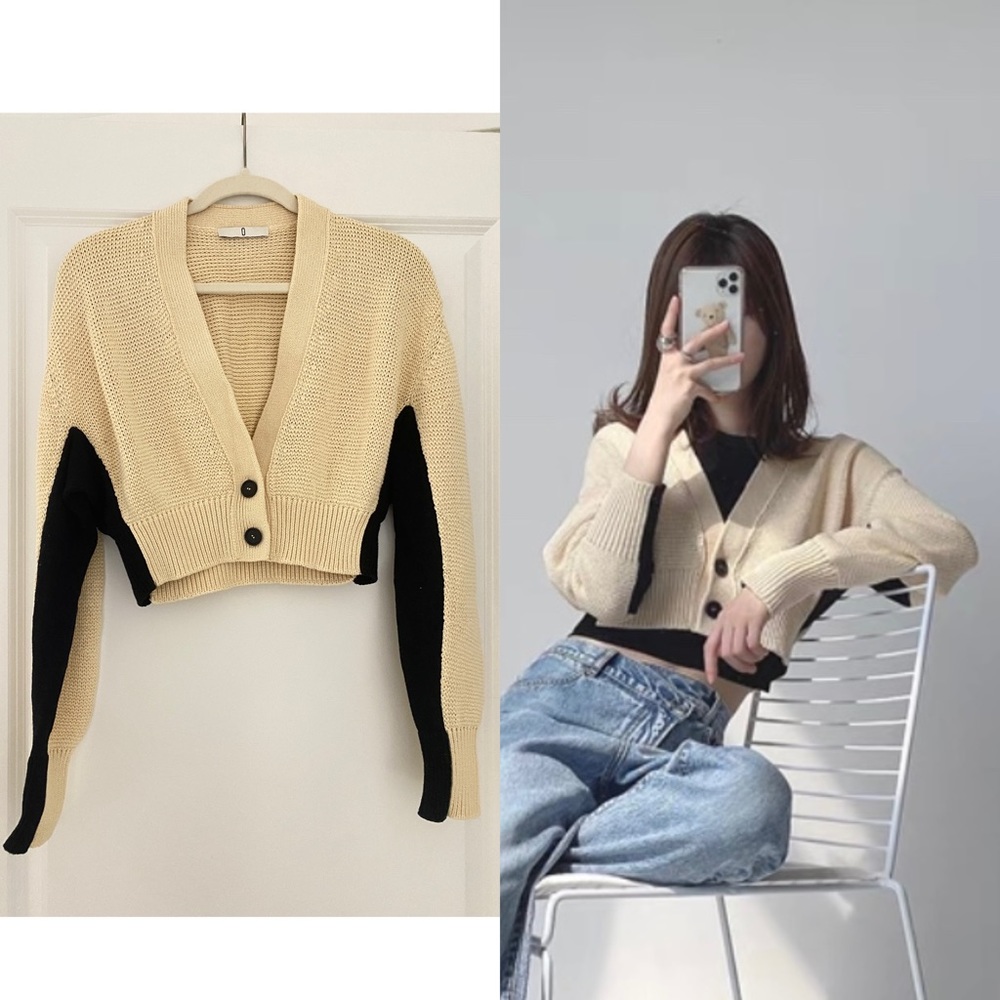 Beige Black Cropped Cardigan Women XS